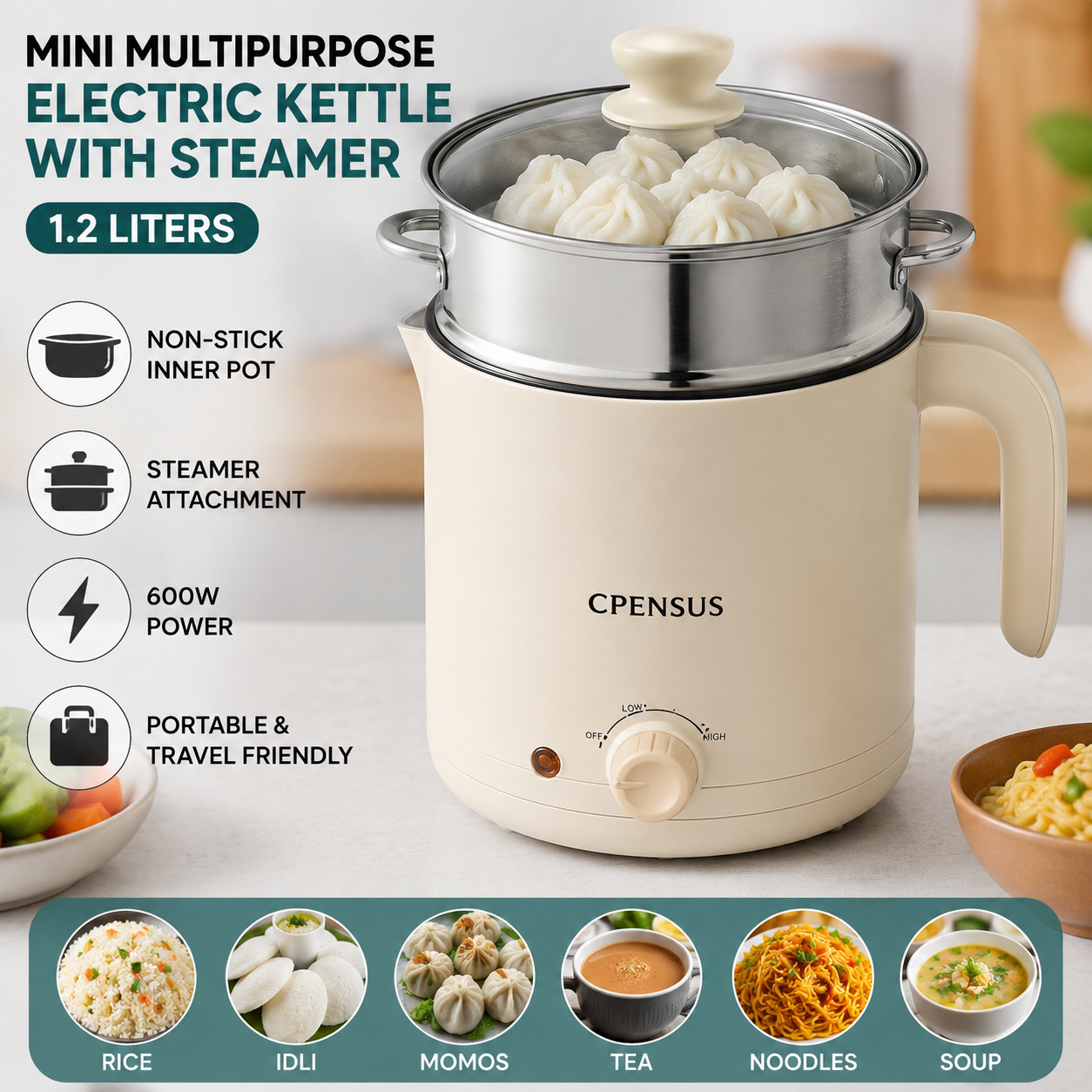 CPENSUS Mini Multipurpose Electric Kettle 1.2L with Steamer – Portable Non-Stick Hot Pot Cooker for Rice, Idli, Momos, Tea & Boiling Water | 600W Travel Electric Cooker